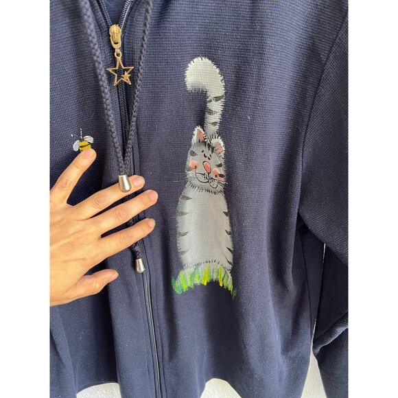 220 Hikory vintage cat and bee print zip-up sweater waffle knit size MEDIUM - Picture 6 of 8